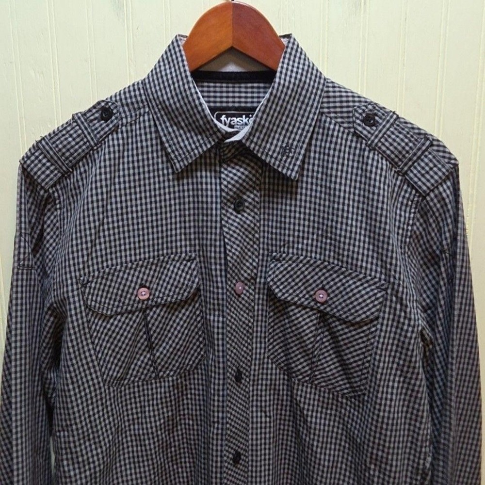 Fyasko Shirt Mens Medium Black Check Long Sleeve Button-Up Epaulet Pockets